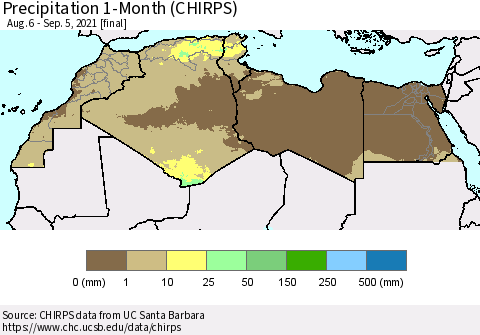 North Africa Precipitation 1-Month (CHIRPS) Thematic Map For 8/6/2021 - 9/5/2021