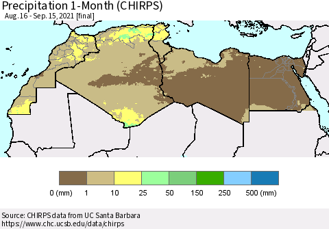 North Africa Precipitation 1-Month (CHIRPS) Thematic Map For 8/16/2021 - 9/15/2021