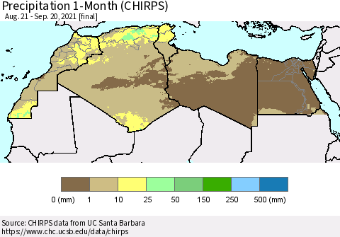 North Africa Precipitation 1-Month (CHIRPS) Thematic Map For 8/21/2021 - 9/20/2021