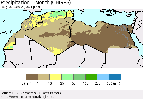 North Africa Precipitation 1-Month (CHIRPS) Thematic Map For 8/26/2021 - 9/25/2021