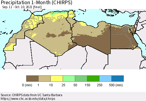 North Africa Precipitation 1-Month (CHIRPS) Thematic Map For 9/11/2021 - 10/10/2021