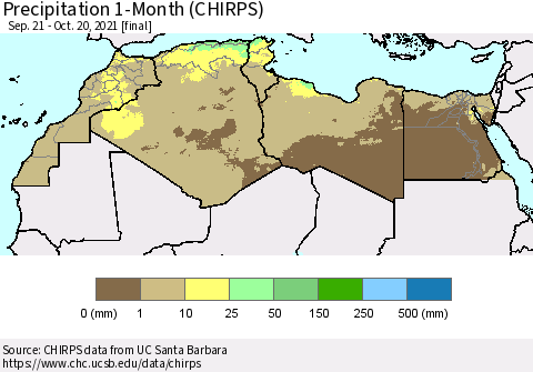 North Africa Precipitation 1-Month (CHIRPS) Thematic Map For 9/21/2021 - 10/20/2021