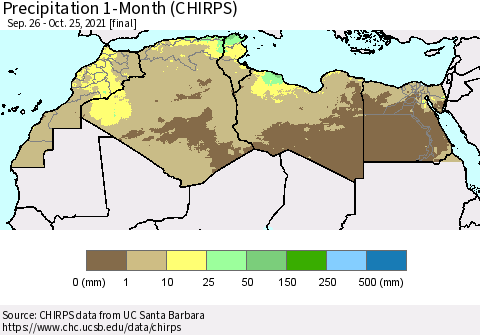 North Africa Precipitation 1-Month (CHIRPS) Thematic Map For 9/26/2021 - 10/25/2021