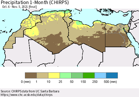 North Africa Precipitation 1-Month (CHIRPS) Thematic Map For 10/6/2021 - 11/5/2021