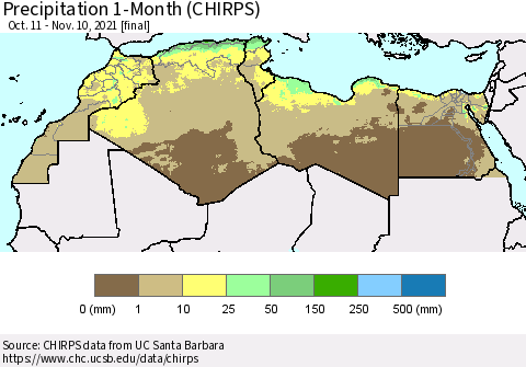 North Africa Precipitation 1-Month (CHIRPS) Thematic Map For 10/11/2021 - 11/10/2021