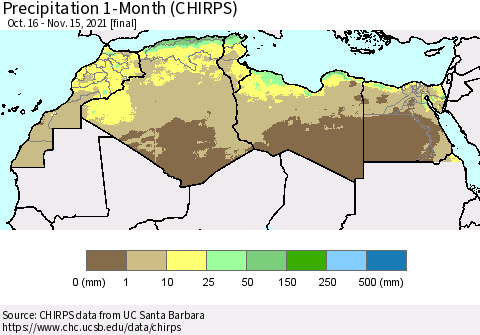 North Africa Precipitation 1-Month (CHIRPS) Thematic Map For 10/16/2021 - 11/15/2021
