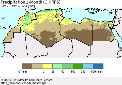 North Africa Precipitation 1-Month (CHIRPS) Thematic Map For 10/21/2021 - 11/20/2021