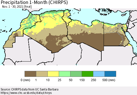 North Africa Precipitation 1-Month (CHIRPS) Thematic Map For 11/1/2021 - 11/30/2021