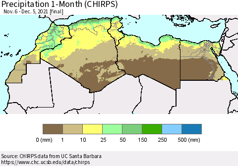 North Africa Precipitation 1-Month (CHIRPS) Thematic Map For 11/6/2021 - 12/5/2021