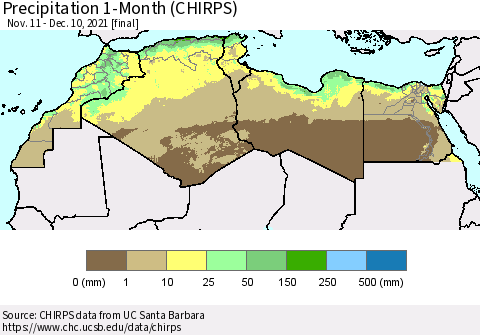 North Africa Precipitation 1-Month (CHIRPS) Thematic Map For 11/11/2021 - 12/10/2021
