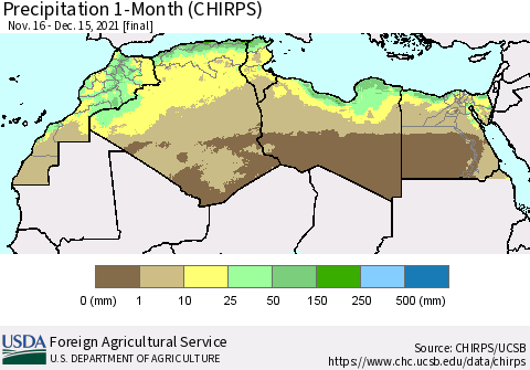 North Africa Precipitation 1-Month (CHIRPS) Thematic Map For 11/16/2021 - 12/15/2021
