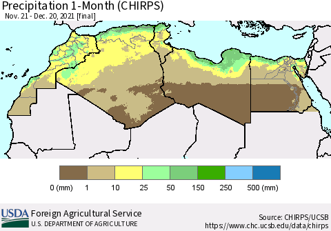 North Africa Precipitation 1-Month (CHIRPS) Thematic Map For 11/21/2021 - 12/20/2021