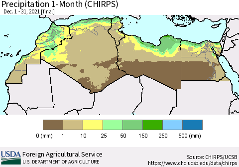 North Africa Precipitation 1-Month (CHIRPS) Thematic Map For 12/1/2021 - 12/31/2021