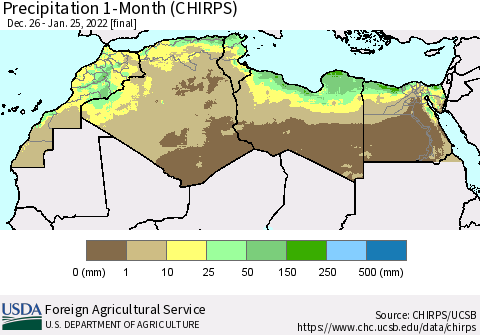North Africa Precipitation 1-Month (CHIRPS) Thematic Map For 12/26/2021 - 1/25/2022