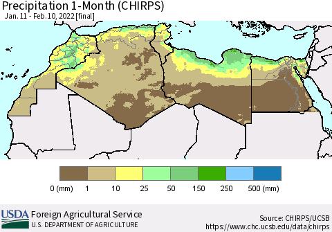 North Africa Precipitation 1-Month (CHIRPS) Thematic Map For 1/11/2022 - 2/10/2022