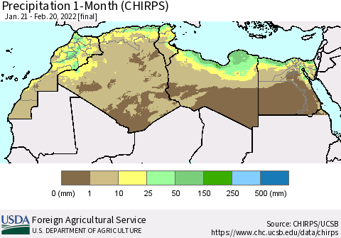 North Africa Precipitation 1-Month (CHIRPS) Thematic Map For 1/21/2022 - 2/20/2022