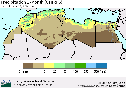 North Africa Precipitation 1-Month (CHIRPS) Thematic Map For 2/11/2022 - 3/10/2022
