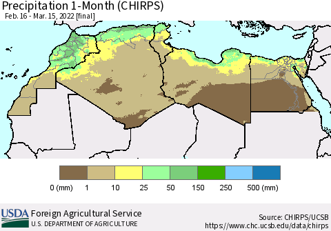 North Africa Precipitation 1-Month (CHIRPS) Thematic Map For 2/16/2022 - 3/15/2022
