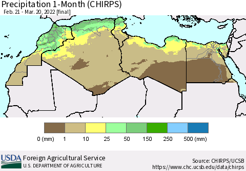 North Africa Precipitation 1-Month (CHIRPS) Thematic Map For 2/21/2022 - 3/20/2022