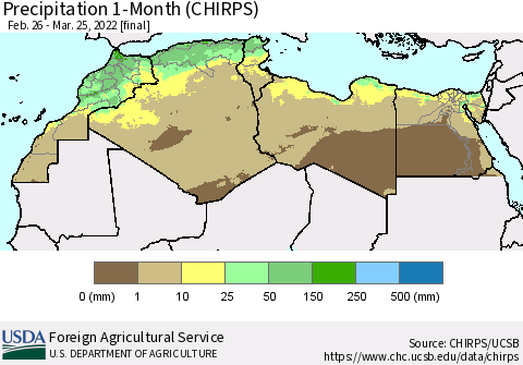 North Africa Precipitation 1-Month (CHIRPS) Thematic Map For 2/26/2022 - 3/25/2022
