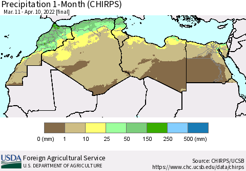North Africa Precipitation 1-Month (CHIRPS) Thematic Map For 3/11/2022 - 4/10/2022
