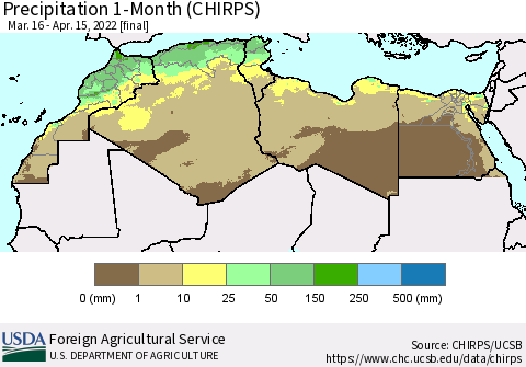 North Africa Precipitation 1-Month (CHIRPS) Thematic Map For 3/16/2022 - 4/15/2022