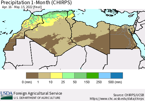 North Africa Precipitation 1-Month (CHIRPS) Thematic Map For 4/16/2022 - 5/15/2022