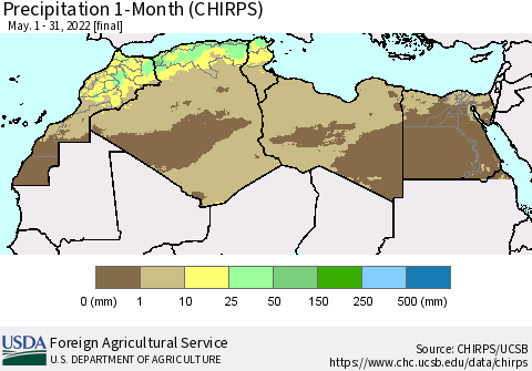 North Africa Precipitation 1-Month (CHIRPS) Thematic Map For 5/1/2022 - 5/31/2022