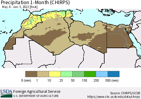 North Africa Precipitation 1-Month (CHIRPS) Thematic Map For 5/6/2022 - 6/5/2022