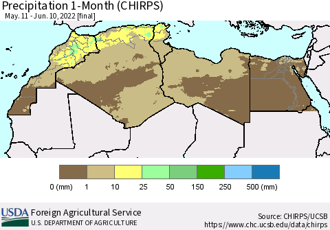 North Africa Precipitation 1-Month (CHIRPS) Thematic Map For 5/11/2022 - 6/10/2022