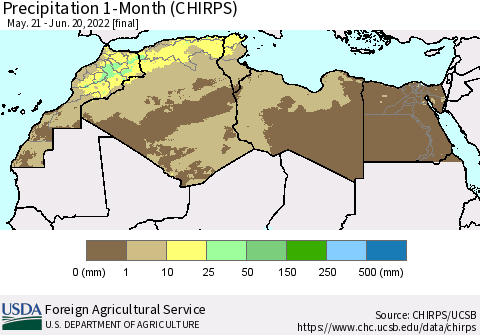North Africa Precipitation 1-Month (CHIRPS) Thematic Map For 5/21/2022 - 6/20/2022