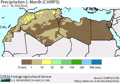 North Africa Precipitation 1-Month (CHIRPS) Thematic Map For 6/1/2022 - 6/30/2022