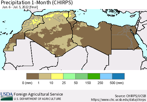 North Africa Precipitation 1-Month (CHIRPS) Thematic Map For 6/6/2022 - 7/5/2022