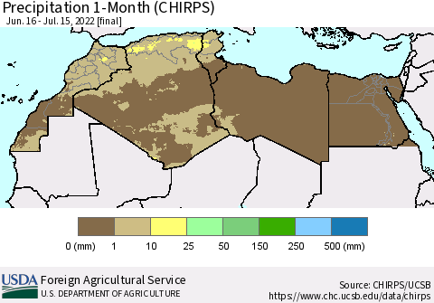 North Africa Precipitation 1-Month (CHIRPS) Thematic Map For 6/16/2022 - 7/15/2022
