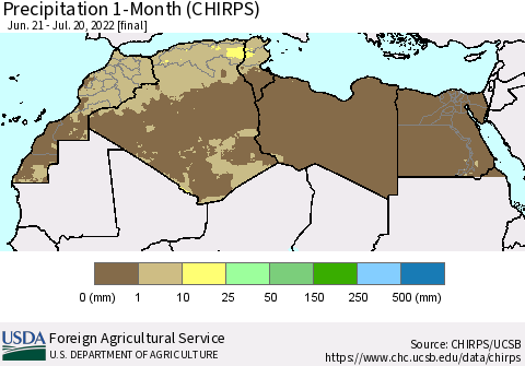 North Africa Precipitation 1-Month (CHIRPS) Thematic Map For 6/21/2022 - 7/20/2022