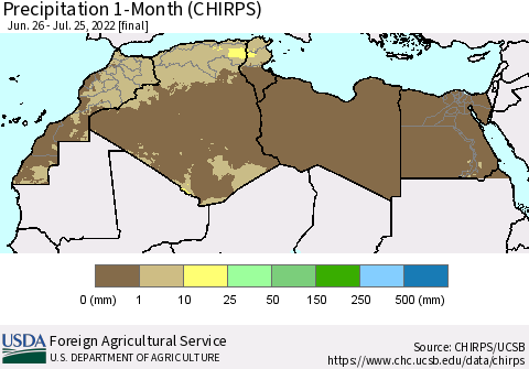 North Africa Precipitation 1-Month (CHIRPS) Thematic Map For 6/26/2022 - 7/25/2022