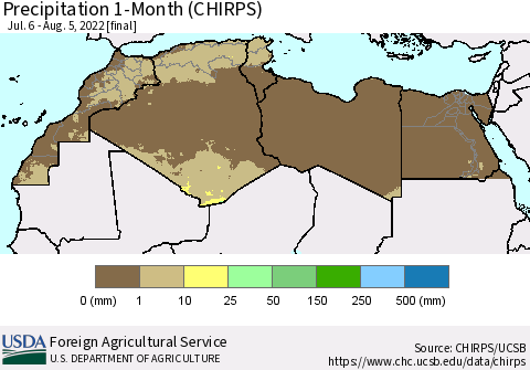 North Africa Precipitation 1-Month (CHIRPS) Thematic Map For 7/6/2022 - 8/5/2022