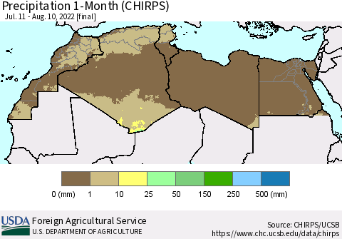 North Africa Precipitation 1-Month (CHIRPS) Thematic Map For 7/11/2022 - 8/10/2022