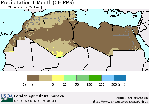 North Africa Precipitation 1-Month (CHIRPS) Thematic Map For 7/21/2022 - 8/20/2022