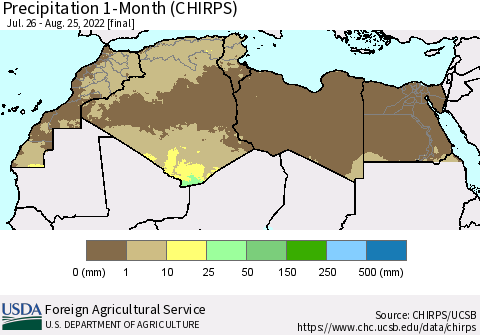 North Africa Precipitation 1-Month (CHIRPS) Thematic Map For 7/26/2022 - 8/25/2022