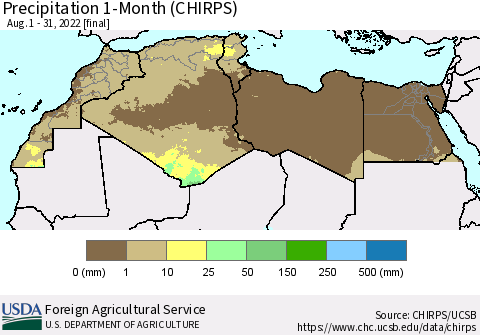 North Africa Precipitation 1-Month (CHIRPS) Thematic Map For 8/1/2022 - 8/31/2022