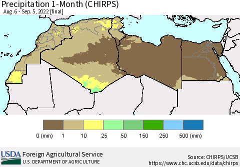 North Africa Precipitation 1-Month (CHIRPS) Thematic Map For 8/6/2022 - 9/5/2022