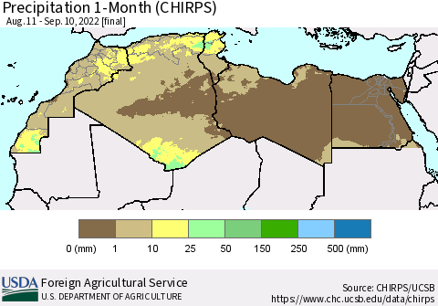 North Africa Precipitation 1-Month (CHIRPS) Thematic Map For 8/11/2022 - 9/10/2022