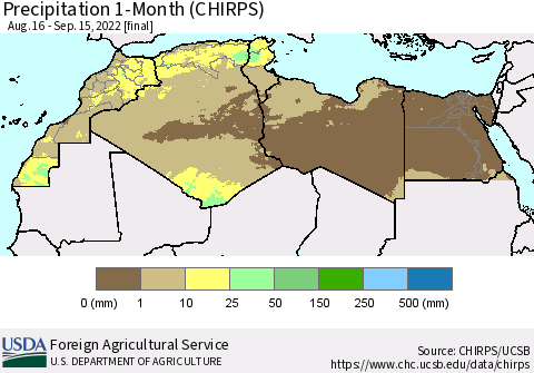 North Africa Precipitation 1-Month (CHIRPS) Thematic Map For 8/16/2022 - 9/15/2022