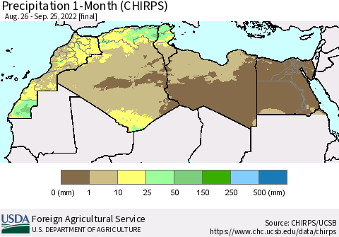North Africa Precipitation 1-Month (CHIRPS) Thematic Map For 8/26/2022 - 9/25/2022