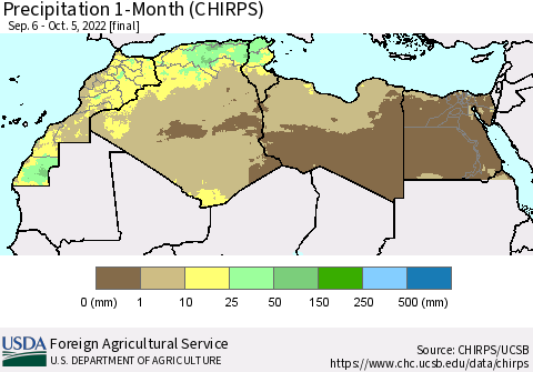 North Africa Precipitation 1-Month (CHIRPS) Thematic Map For 9/6/2022 - 10/5/2022