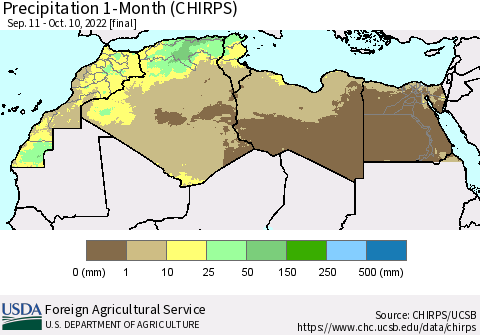 North Africa Precipitation 1-Month (CHIRPS) Thematic Map For 9/11/2022 - 10/10/2022