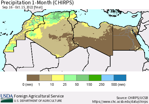 North Africa Precipitation 1-Month (CHIRPS) Thematic Map For 9/16/2022 - 10/15/2022