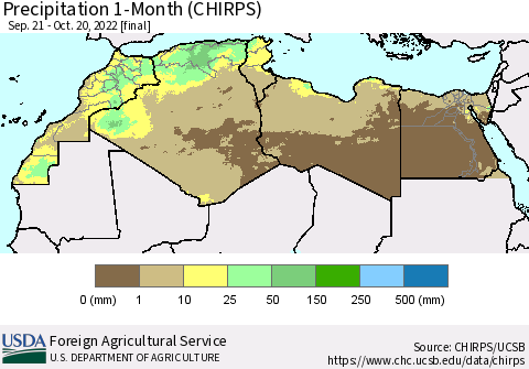 North Africa Precipitation 1-Month (CHIRPS) Thematic Map For 9/21/2022 - 10/20/2022