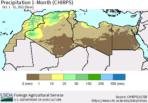 North Africa Precipitation 1-Month (CHIRPS) Thematic Map For 10/1/2022 - 10/31/2022